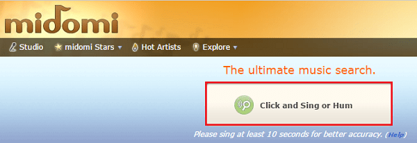 Нажмите на большую кнопку "Click and Sing or Hum" для начала процедуры идентификации музыки
