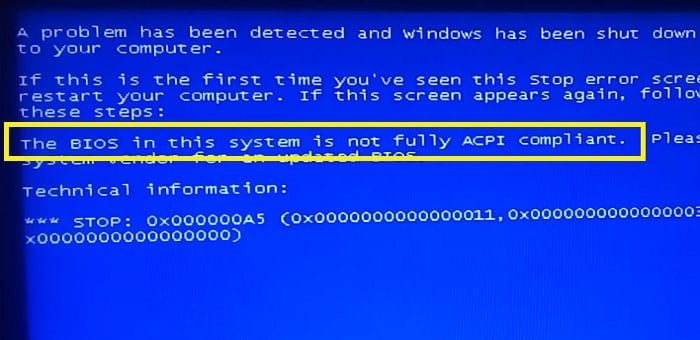 Ошибка "The BIOS in this system in not fully ACPI compliant"